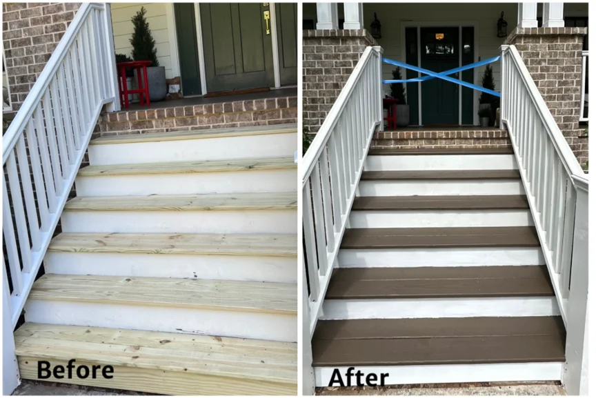 Before and after a porch stair repair and refinishing project